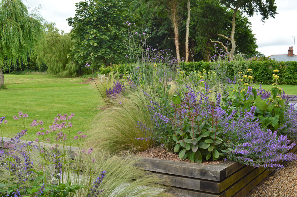 Garden design with Stipa tenuissima, Sedum matrona and Nepeta 'Walker's Low'